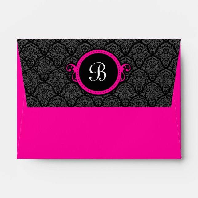 A6 Hot Pink Damask Flap Monogram Envelopes (Back (Top Flap))