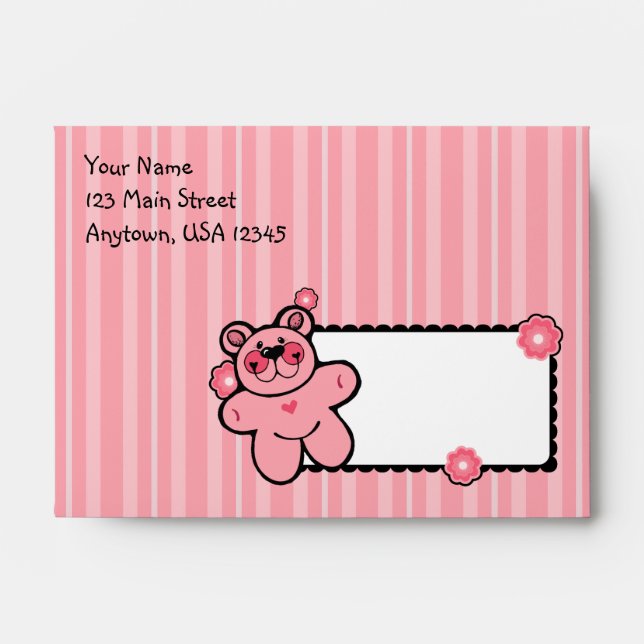 A6 Pink Teddy Bear Striped Baby Shower Envelopes (Front)