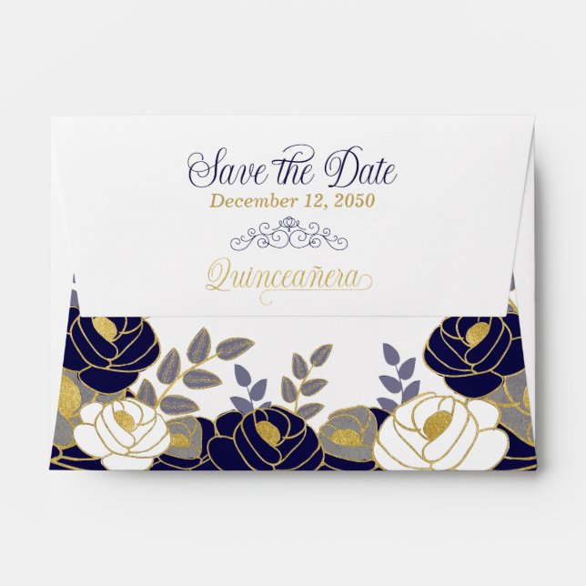 A6 Save the Date Quinceanera Navy Blue Envelope (Back (Top Flap))