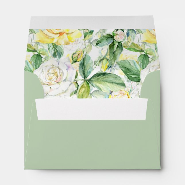 A6 Yellow White Roses Sage Wedding Return Address Envelope (Back (Bottom))