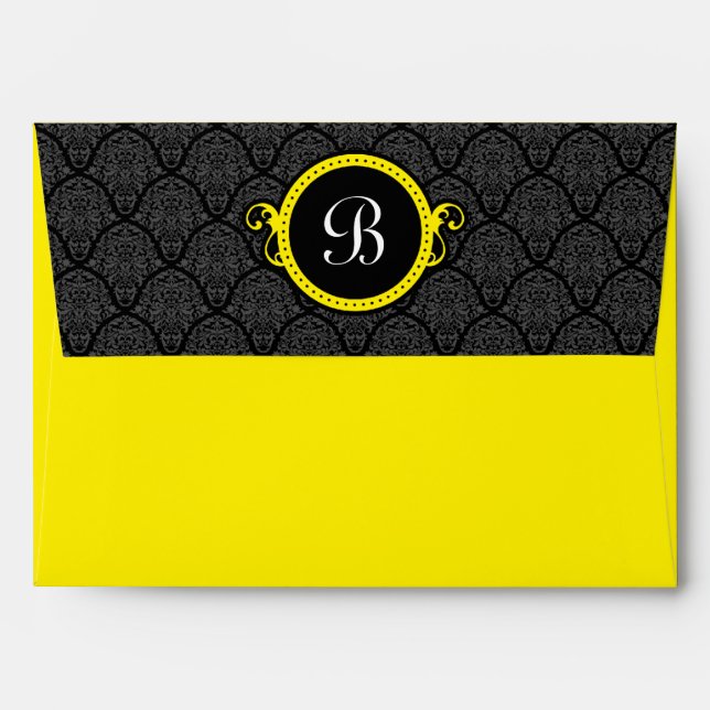 A7 Black and Yellow Damask Flap Monogram Envelopes (Back (Top Flap))
