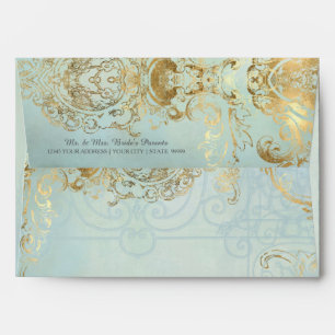 A7 Blue n Gold Foil Scroll Swirl Elegant Vintage Envelopes