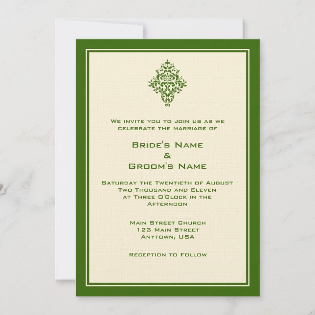A7 Cream & Forest Green Simple Wedding Invitations (Front)