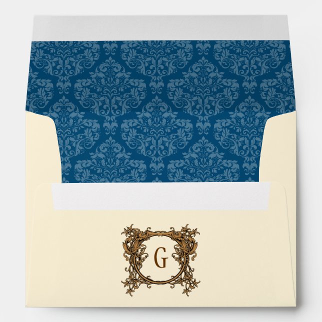 A7 Cream Navy Blue Damask Monogram Wedding Envelope (Back (Bottom))