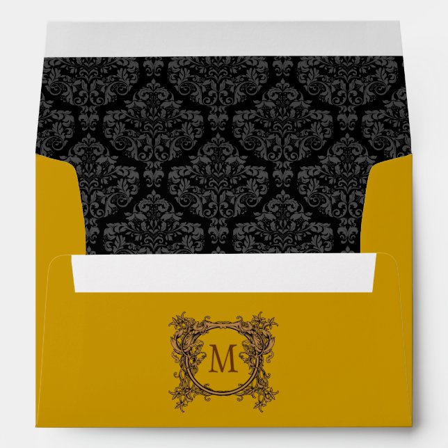 A7 Gold & Black Floral Crest Damask Monogram Envelope (Back (Bottom))