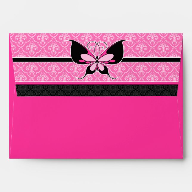 A7 Hot Pink Butterfly Flap Damask Envelopes (Back (Top Flap))