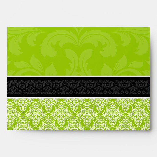 A7 Lime Green Black & White Damask Lined Envelopes (Front)