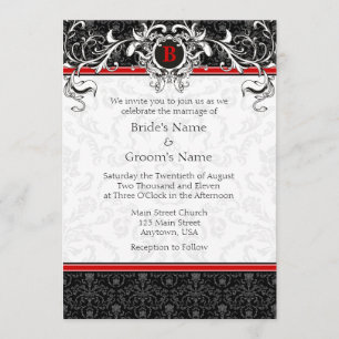 A7 Red & Black Damask Monogram Wedding Invitations