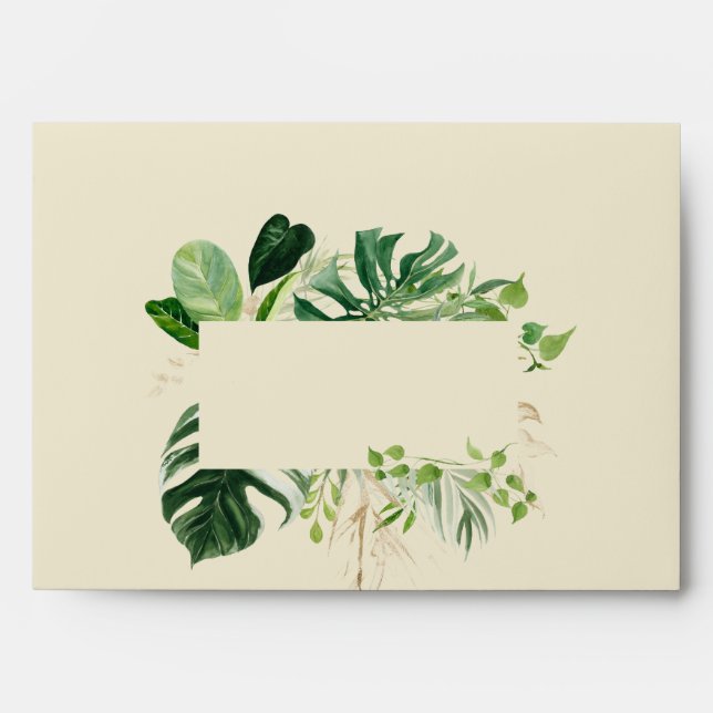 A7 Tropical Green & Gold Monstera Leaves Wedding Envelope (Front)