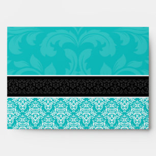 A7 Turquoise Black & White Damask Lined Envelopes
