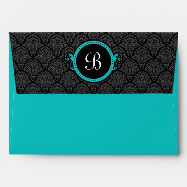 A7 Turquoise Damask Flap Monogram Envelopes (Back (Top Flap))