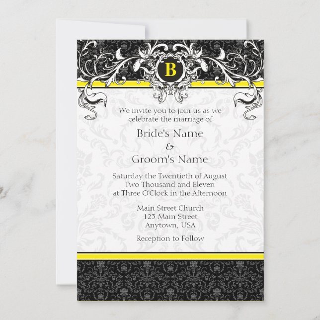 A7 Yellow & Black Damask Monogram Wedding Invites (Front)