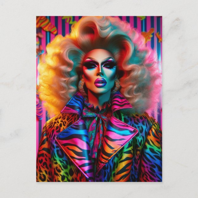 A 1980s Drag Queen in Animal Print Postcard (Front)