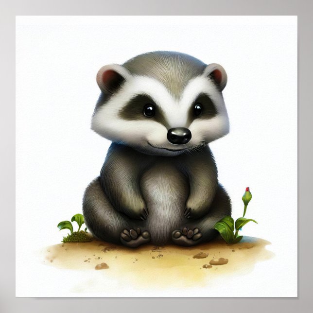 A 3D Rendered Watercolor Image of a Badger Poster (Front)