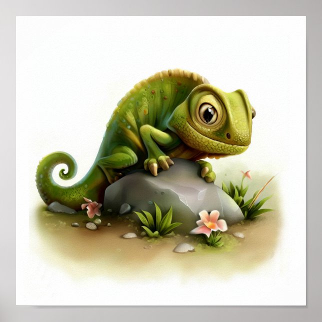 A 3D Rendered Watercolor Image of a Chameleon Poster (Front)