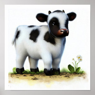 A 3D Watercolor Image of a Young Holstein Cow Poster