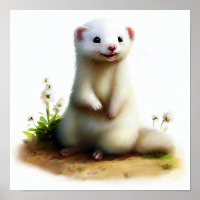 A 3D Watercolor Painting of a Cute Ferret Poster (Front)