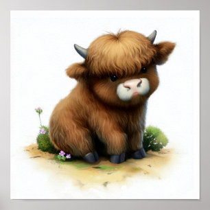 A 3D Watercolor Painting of Highland Cattle Poster