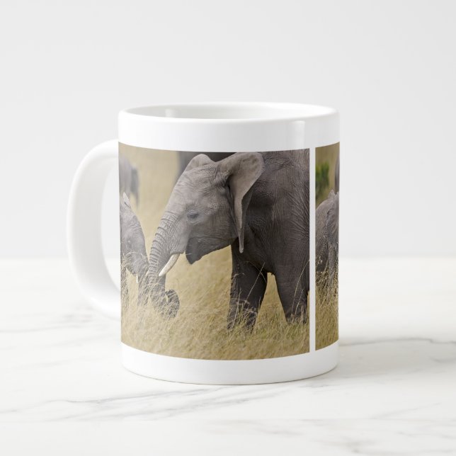 A African Elephant grazing in the fields Large Coffee Mug (Front Left)