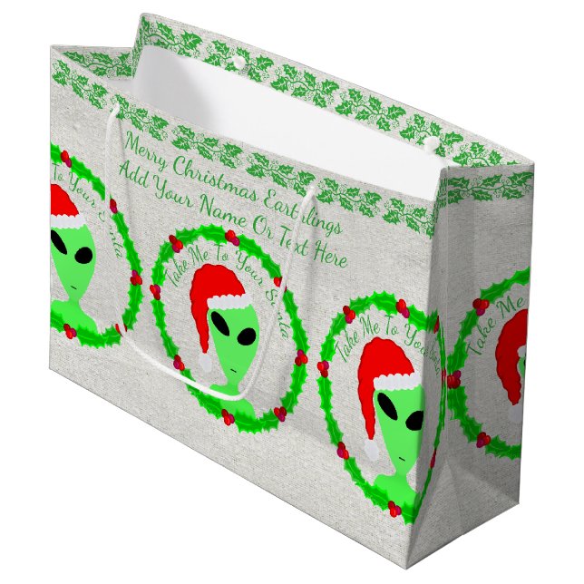A Alien Santa Holly Wreath LGM Large Geek Humour Gift Bag (Front Angled)