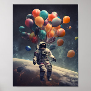 A Astronaut Floating in the Air with Balloons Poster