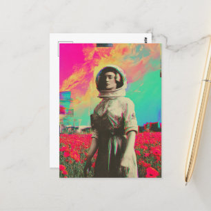 A astronaut in a poppy field glitch postcard