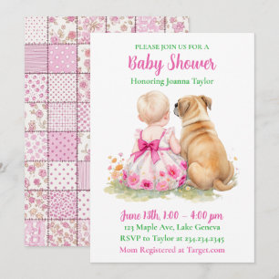 A Baby and Her Dog Girl's Pink Baby Shower Invitation