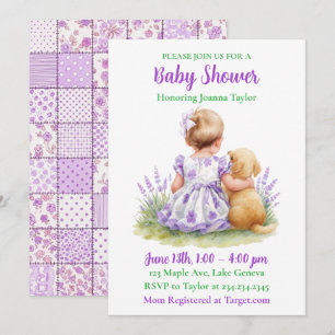 A Baby and Her Dog Girl's Purple Baby Shower Invitation