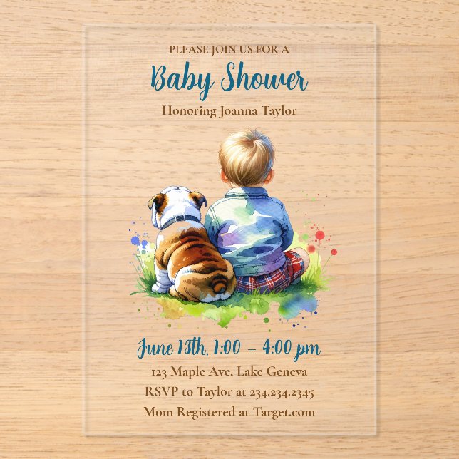 A Baby Boy and his English Bulldog | Baby Shower Acrylic Invitations (Front)