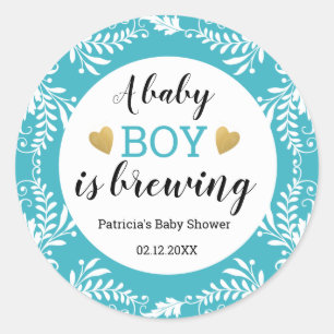 A Baby Boy Is Brewing Baby Shower  Blue And White Classic Round Sticker