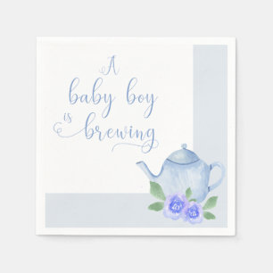 A Baby Boy is Brewing Blue Teapot Baby Shower Napkin