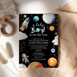 A Baby Boy Is On The Way Black Space Baby Shower Invitation