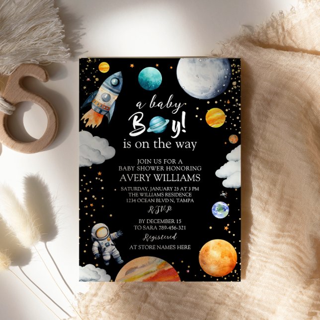 A Baby Boy Is On The Way Black Space Baby Shower Invitation (Creator Uploaded)