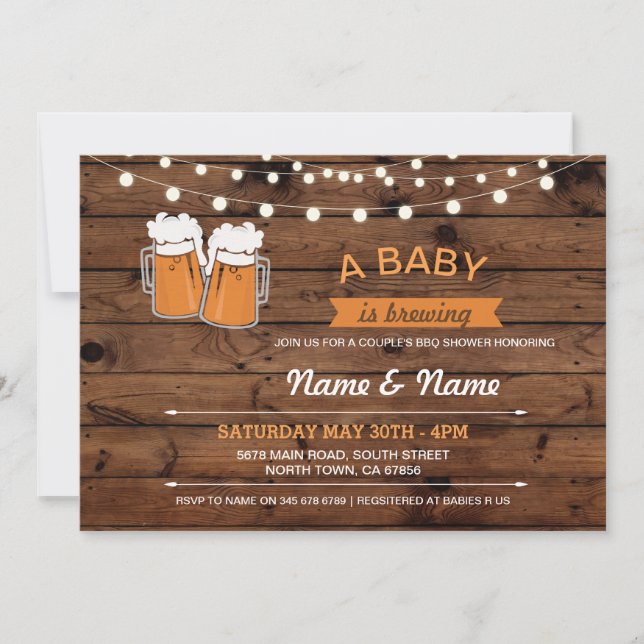 A Baby Brewing Shower Beers Lights Wood Invite (Front)
