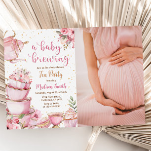 A Baby Brewing Tea Party Floral Baby Shower Photo Invitation