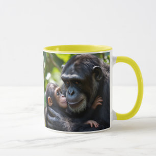 A baby chimpanzee hugs his mom in the jungle. mug
