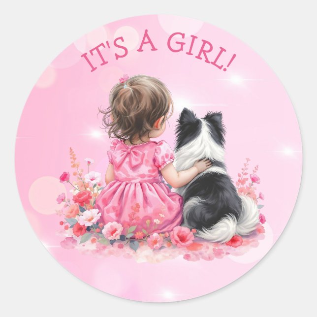 A Baby Girl and her Dog | It's a Girl Baby Shower  Classic Round Sticker (Front)