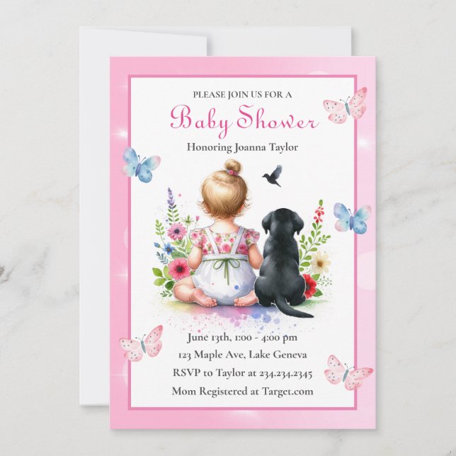 A Baby Girl and her Puppy Baby Shower Invitation (Front)