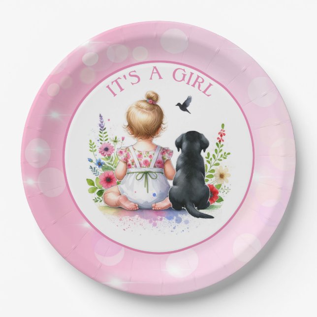 A Baby Girl and her Puppy | It's a Girl Paper Plate (Front)
