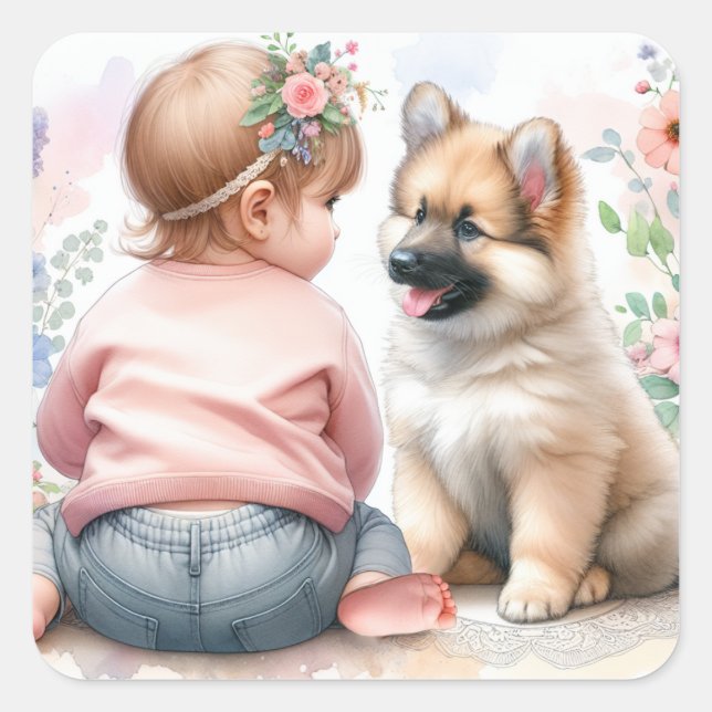 A Baby Girl and her Puppy Pink Baby Shower Square Sticker (Front)