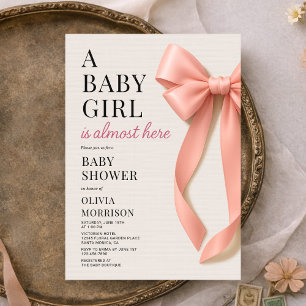 A Baby Girl is Almost Here Pink Bow Baby Shower Invitation