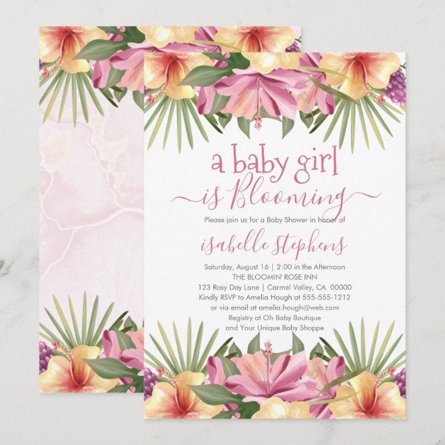 A Baby Girl Is Blooming Pink Floral Baby Shower Invitation (Front/Back)