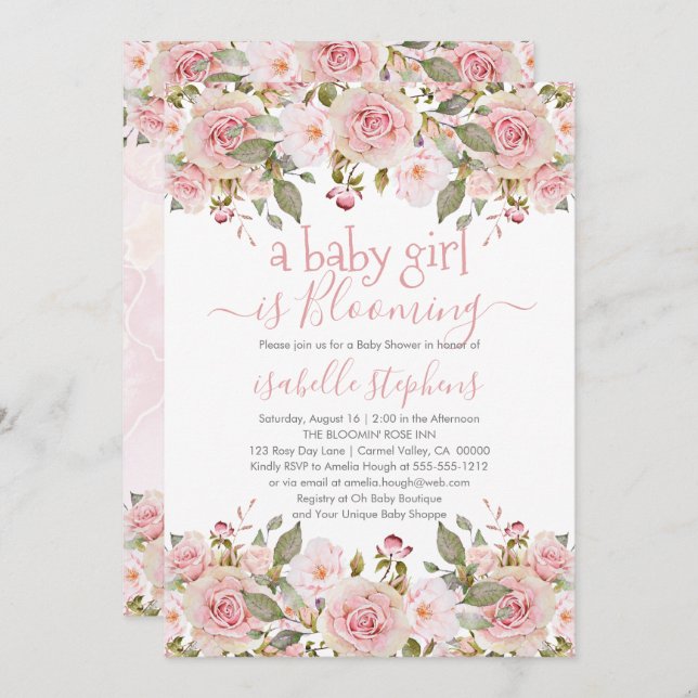 A Baby Girl Is Blooming Pink Floral Baby Shower Invitation (Front/Back)