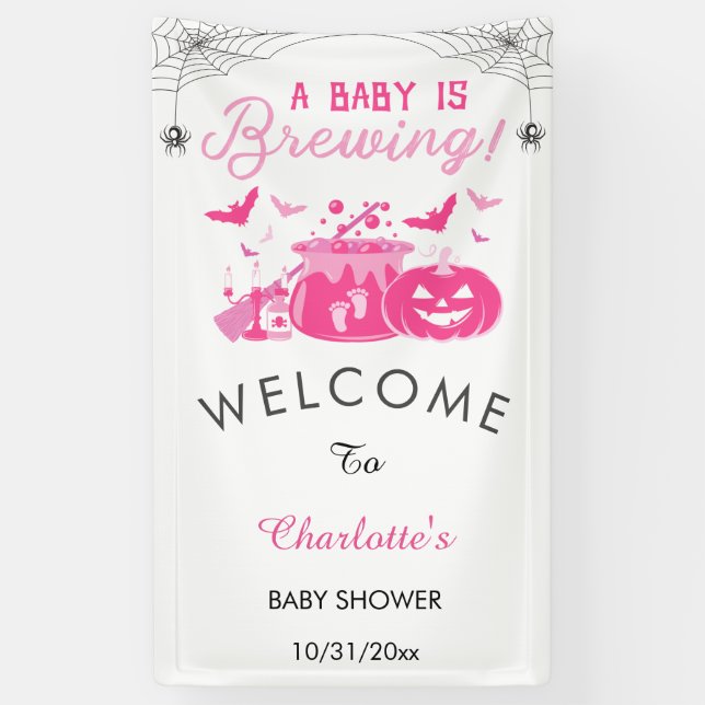 A Baby Girl Is Brewing Pink Halloween Baby Shower  Banner (Vertical)