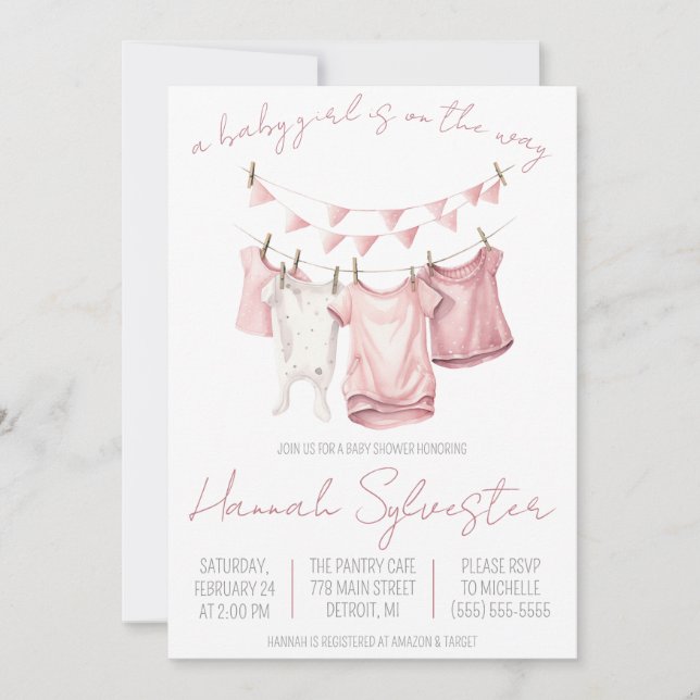 A Baby Girl is on the Way! Clothesline Baby Shower Invitation (Front)