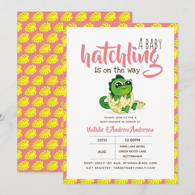A Baby Hatchling Is On The Way Dinosaur Cute Pink Invitation (Front/Back)