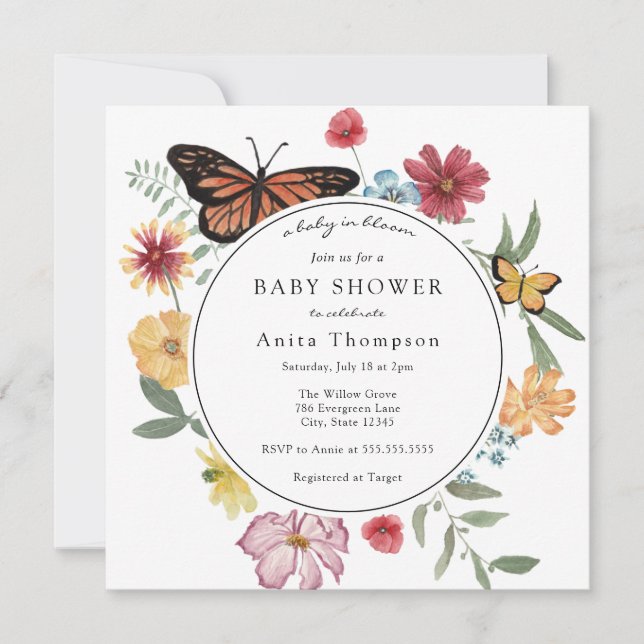 A Baby in Bloom Butterfly Wildflower Baby Shower Invitation (Front)