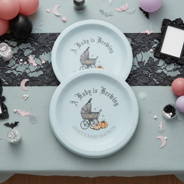 A Baby is Brewing Baby Shower Blue Paper Plate (Cute Gothic Halloween Baby Shower French Blue Plates. Spooky Vintage Baby Carriage, Raven, Pumpkins)
