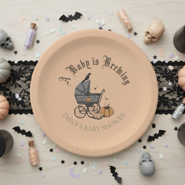 A Baby is Brewing Baby Shower Orange Paper Plate (Baby is Brewing Gothic Baby Shower. Victorian Baby Stroller, Black Raven Crow, Fall Pumpkins, Stars.)