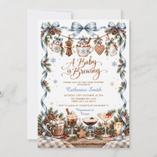 A Baby Is Brewing Blue Bow Hot Cocoa Baby Shower Invitation